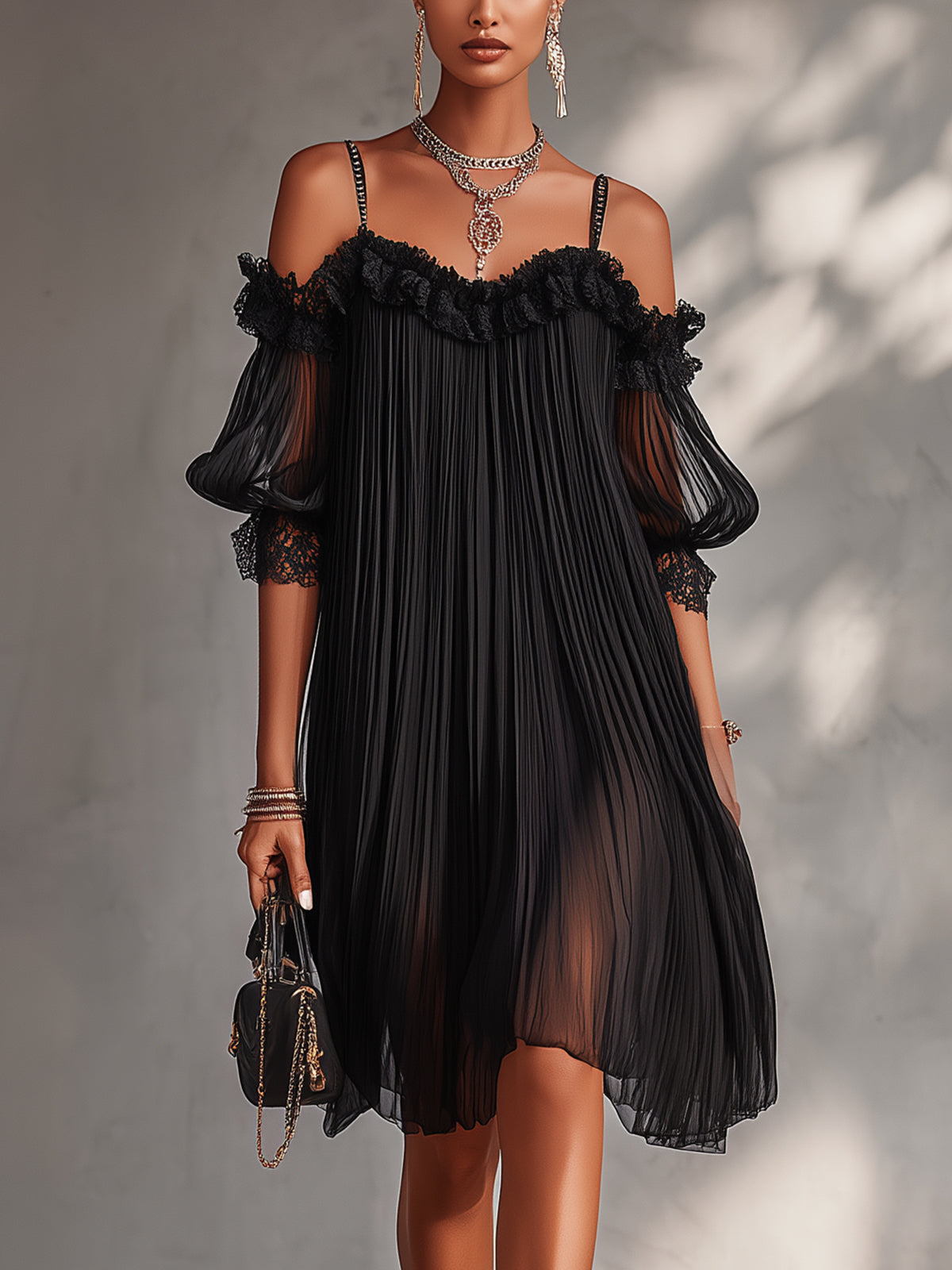 Arel | Black Muslin Mini Dress with Bare Shoulders and Lace Trim