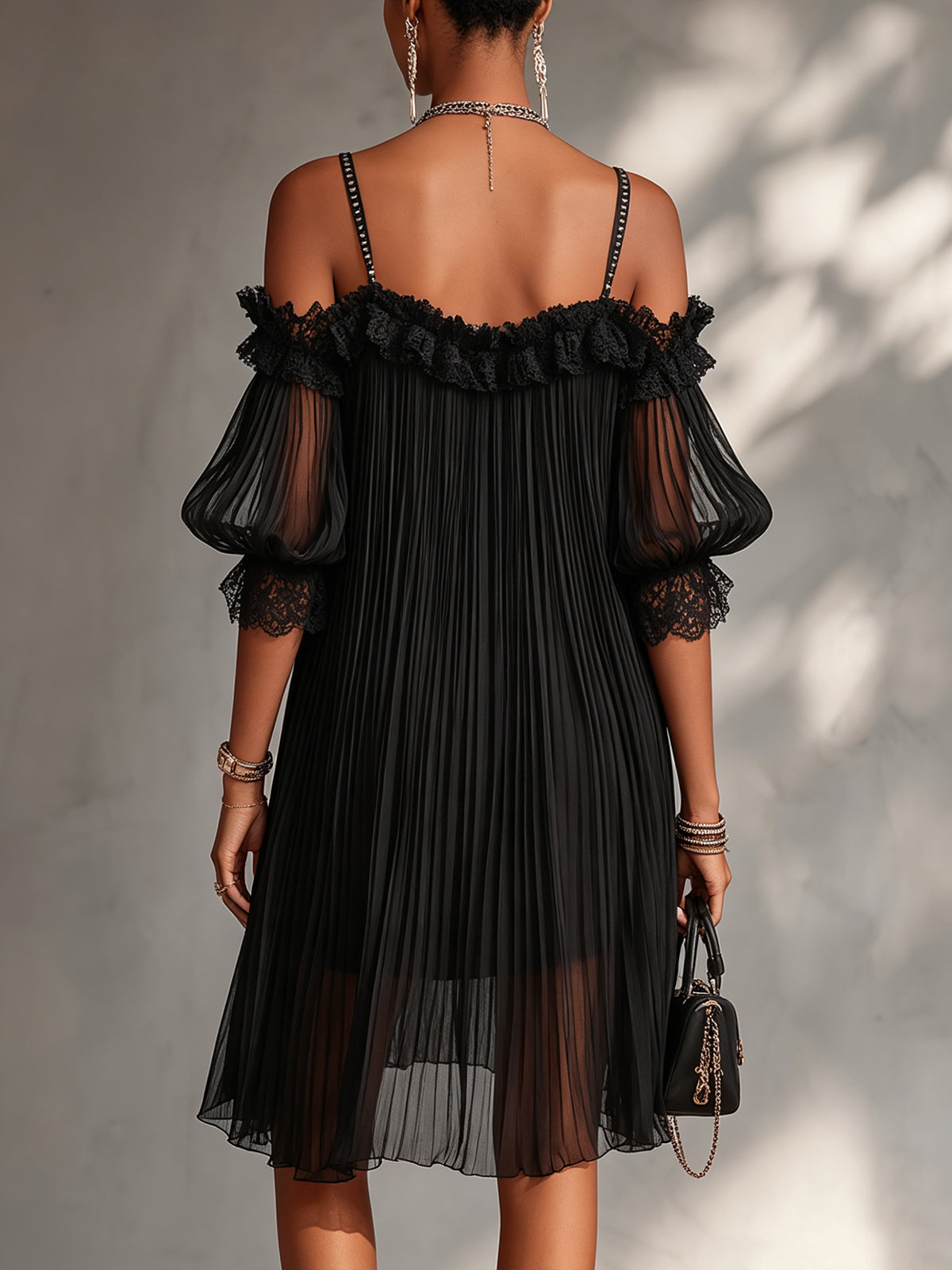 Arel | Black Muslin Mini Dress with Bare Shoulders and Lace Trim