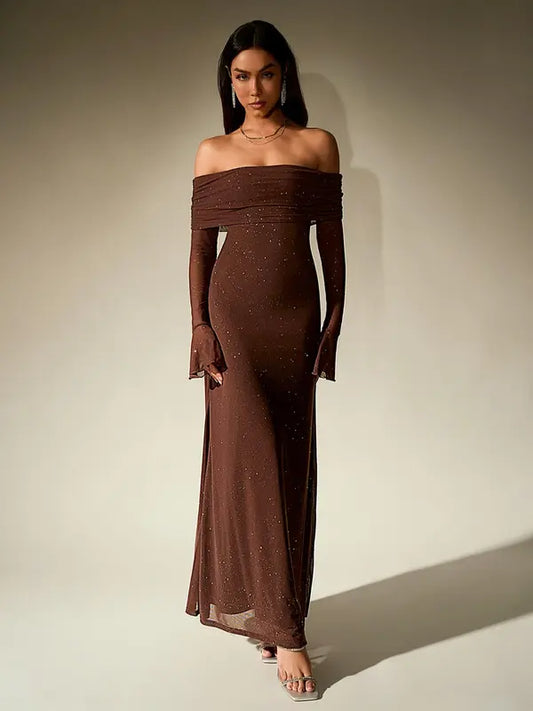 ANDREA™ - Women's Off-The-Shoulder Ruched Contrast Sequin Bodycon Dress