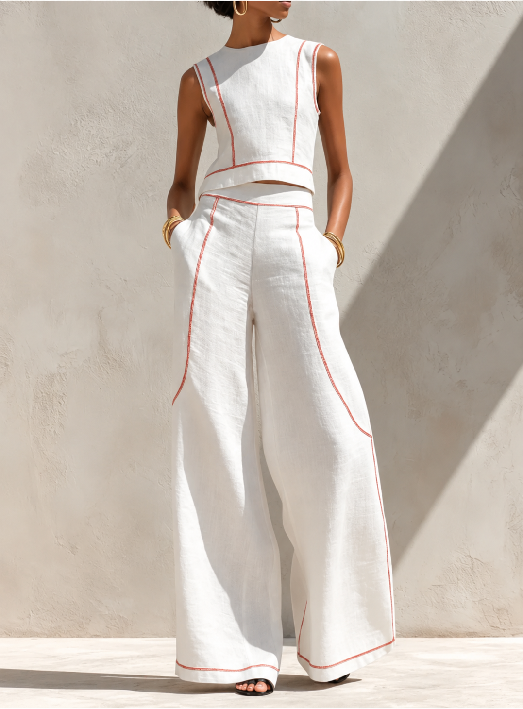 Aure | White Set with Sleeveless Top and Wide-Leg Trousers
