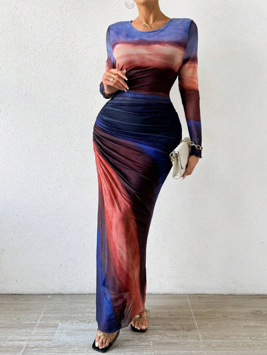 JULIA™ - Comfy Printed Long Sleeve Round Neck Bodycon Maxi Dress